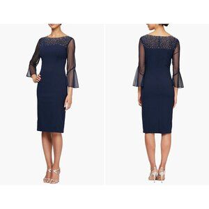 New Alex Evenings Women's Size 14 Embellished Short Sheath Cocktail Dress Navy